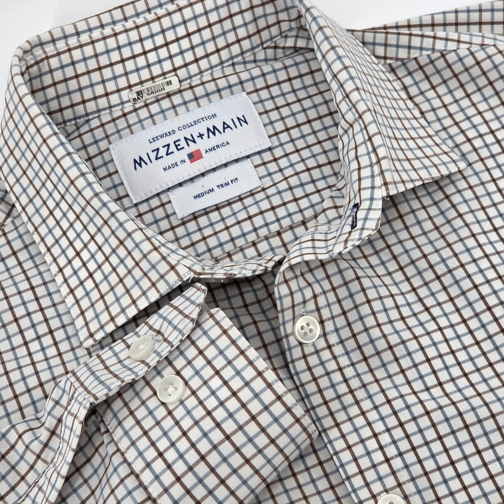 Mizzen+Main Leeward Dress Shirt Mens Medium Trim Fit Brown Blue Check Stretch